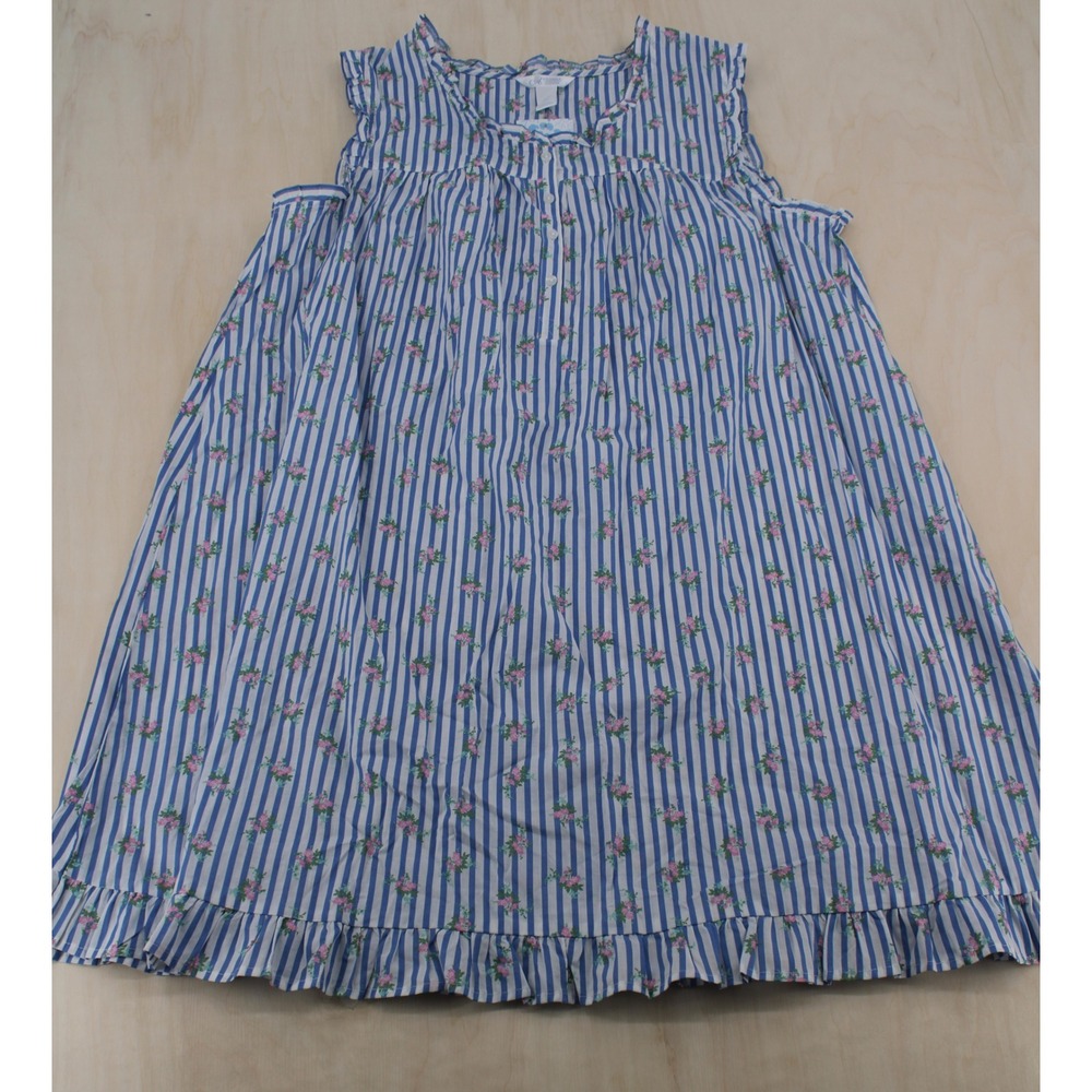 Wms Petite XL Nightgown Blue Striped Floral Ruffle Sleeveless Adonna Sleepwear